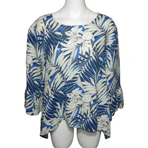 Bryn Walker Blue Hibiscus Print Linen Art to Wear Tunic Top Lagenlook Size 3X
